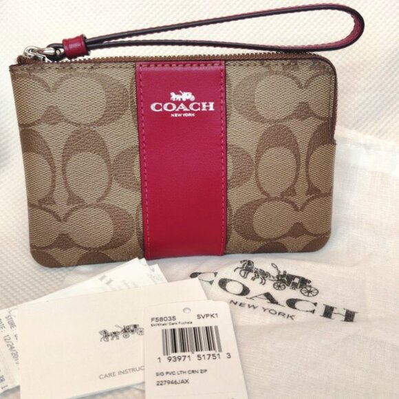 Coach Corner Zip Wristlet Signature Canvas in Dark Fuchsia/Khaki/Silver, NWT - Picture 1 of 4